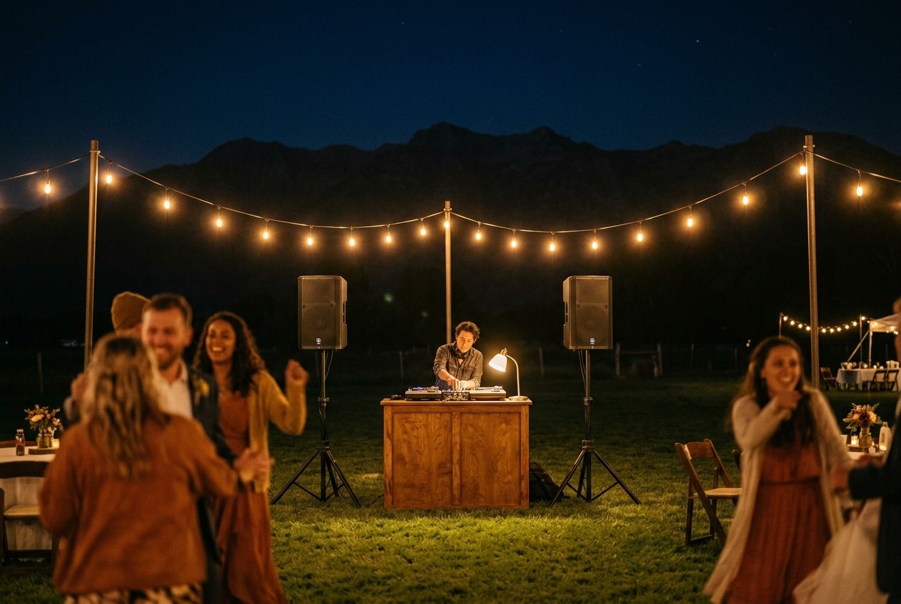 DJ at a small wooden booth between two speakers on a lawn at night, guests dancing under string lights