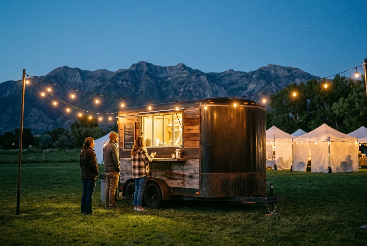 People ordering at a food trailer's lit service window at dusk, string lights overhead and mountains behind