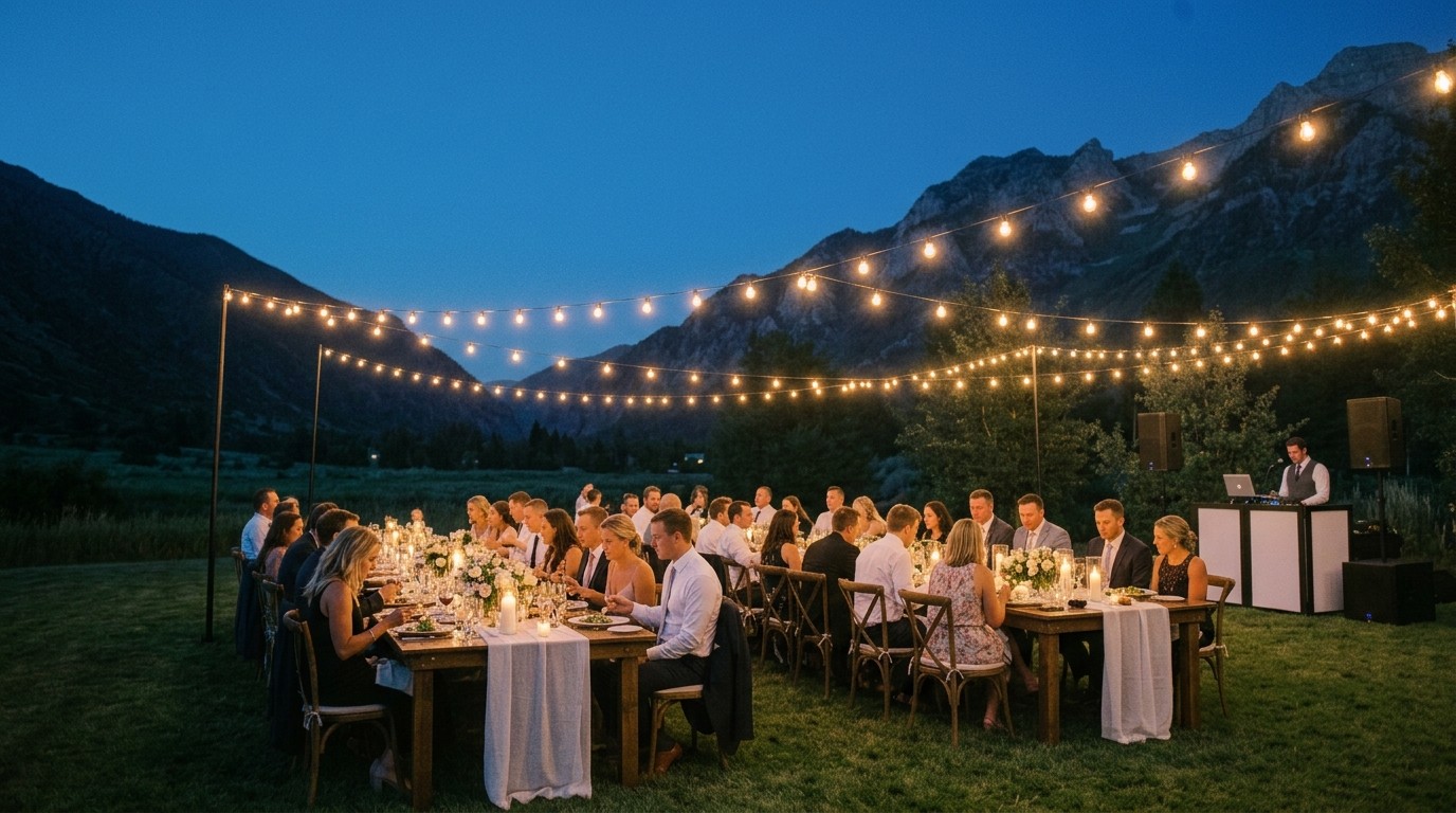 Outdoor wedding dinner at dusk in a mountain valley, long tables under strings of lights, with a DJ booth and two speakers at the edge of the lawn