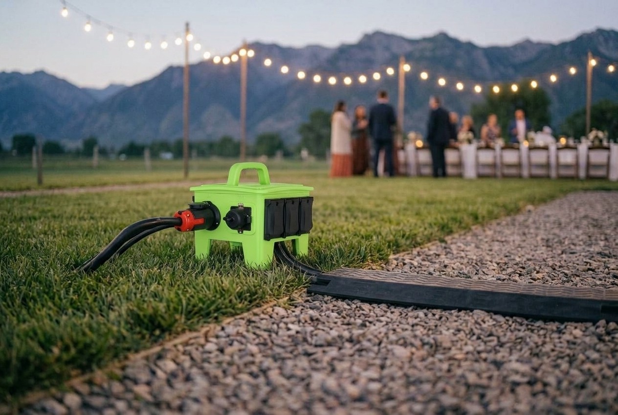 Weatherproof power distribution box on grass at dusk with cables running to a flat cord cover across a gravel path, string lights and guests behind